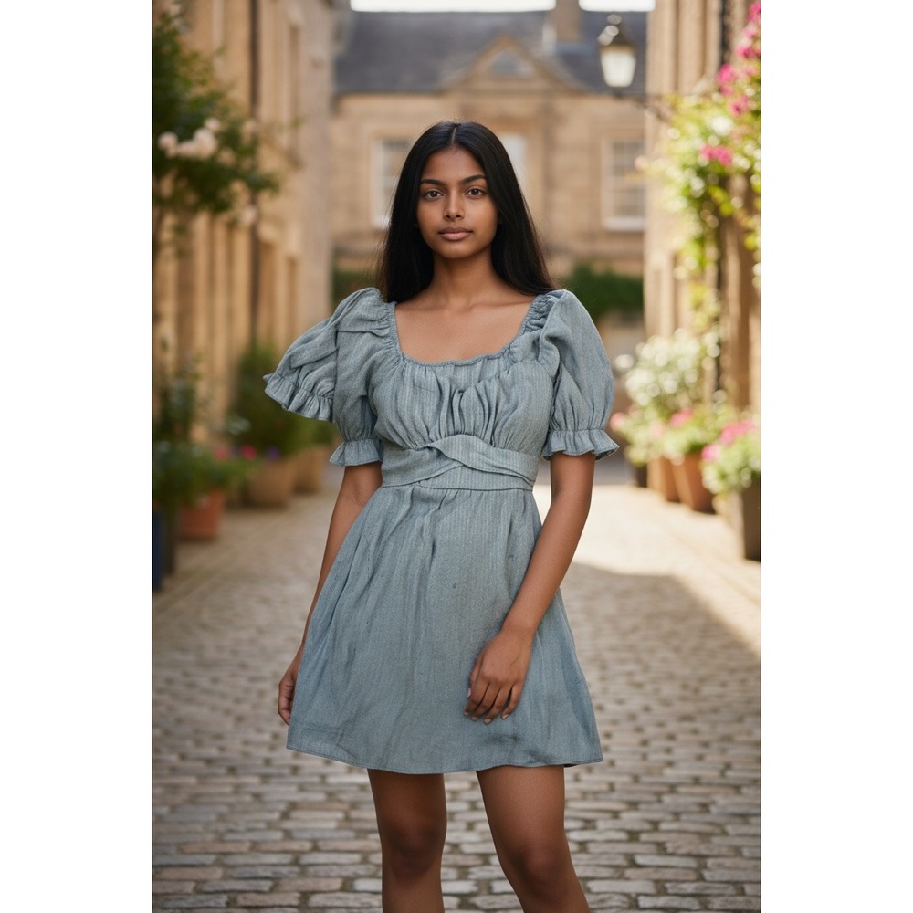 Trixxi‎  Dress Women's SM Blue Puff Sleeve Ruched Waist Feminine Cottagecore